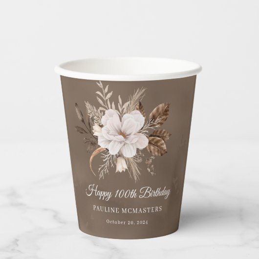 Witte Bloemenneutrale Herfst 100ste Verjaardag Papieren Bekers (Voorkant)