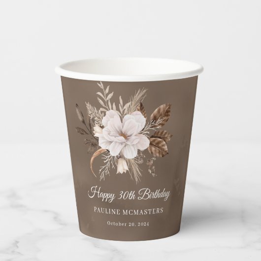 Witte bloemenneutrale Herfst 30e geboortedag Papieren Bekers (Voorkant)