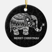 Witte bloemenolifant op zwarte damast keramisch ornament (Voorkant)