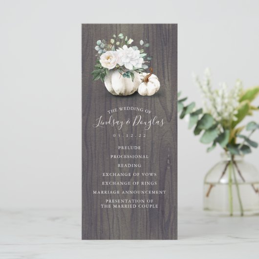 Witte bloemenpompoen herfst bruiloft programma's (Staand voorkant)