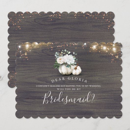 Witte bloemenpompoen rustieke bruidsmeisje voorste kaart (Voorkant / Achterkant)