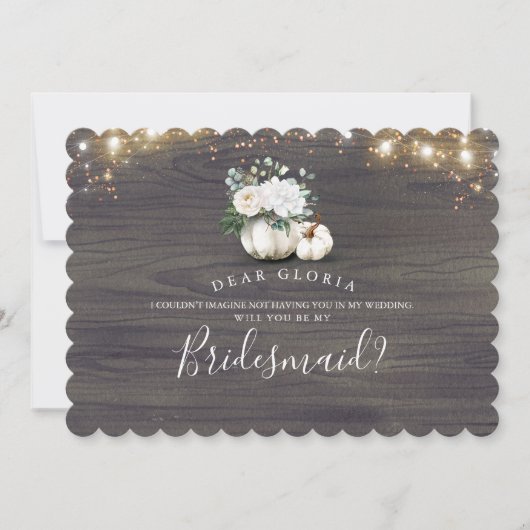 Witte bloemenpompoen rustieke bruidsmeisje voorste kaart (Voorkant)