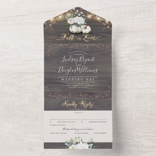 Witte bloemenpompoen rustieke herfst bruiloft all in one uitnodiging (Binnen)