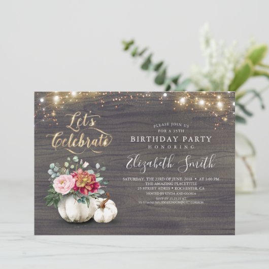 Witte bloemenpompoen rustieke Herfst verjaardagsfe Kaart (Staand voorkant)