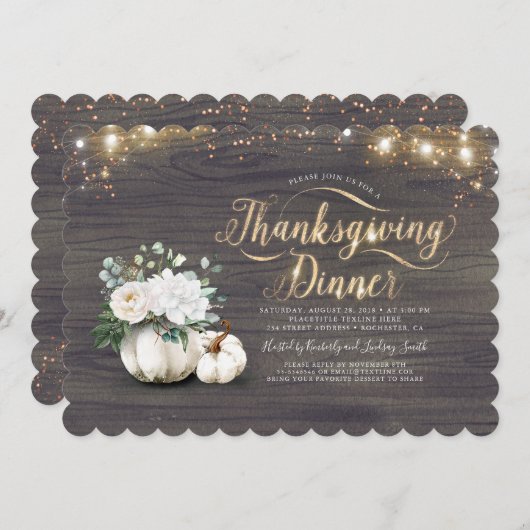 Witte bloemenpompoen rustieke Thanksgiving diner Kaart (Voorkant / Achterkant)