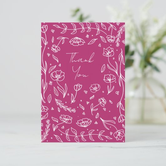 Witte bloemenrand met magenta achtergrond bedankkaart (Staand voorkant)