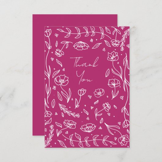 Witte bloemenrand met magenta achtergrond bedankkaart (Voorkant / Achterkant)