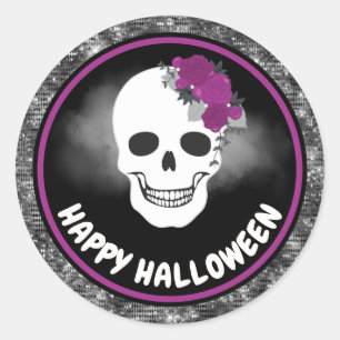 Witte bloemenschedel & zwarte glitter Halloween Ronde Sticker