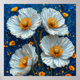 🌼 Witte bloemenschildering in olieverf voor een r Poster