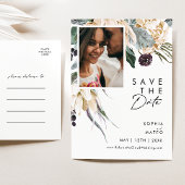 Witte bloemenscript foto save the date ansichtkaar uitnodiging briefkaart