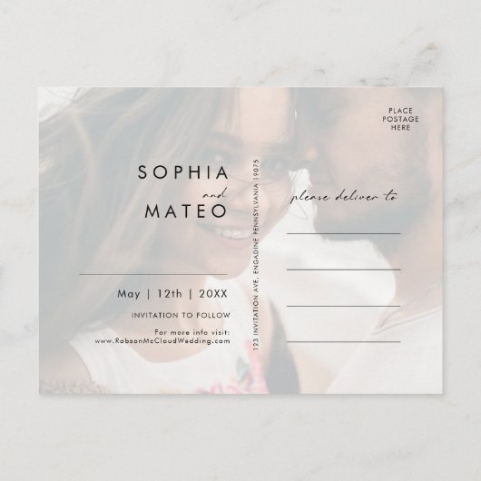 Witte bloemenscriptie foto save the date ansichtka uitnodiging briefkaart (Achterkant)