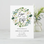 Witte bloemenslinger bruiloft Save the Date kaart (Staand voorkant)