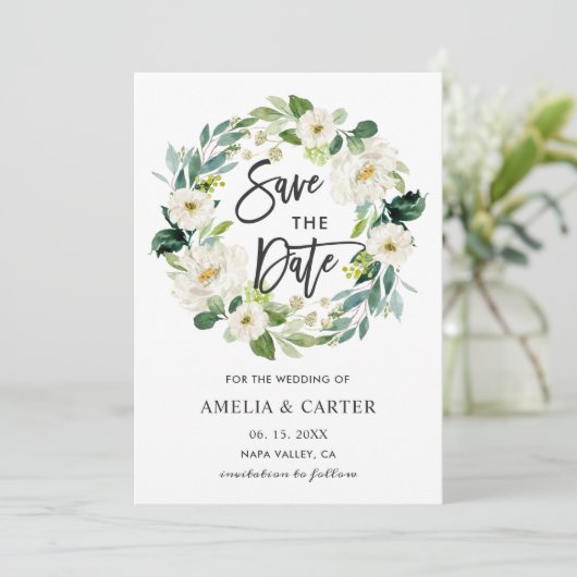 Witte bloemenslinger bruiloft Save the Date kaart (Staand voorkant)