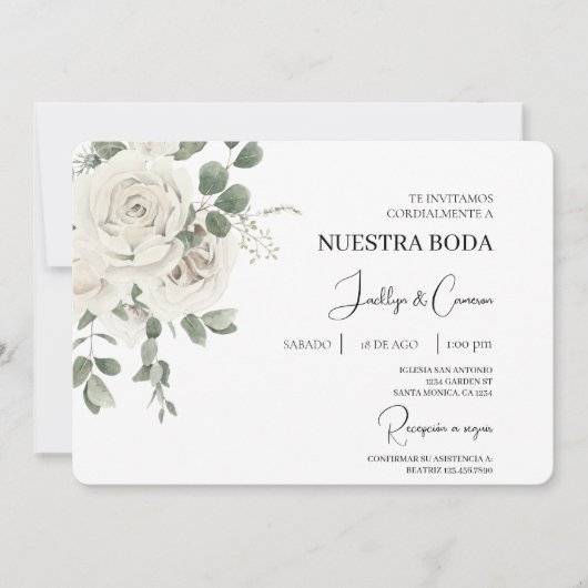 Witte bloemenspaanse bruiloft uitnodiging (Voorkant)