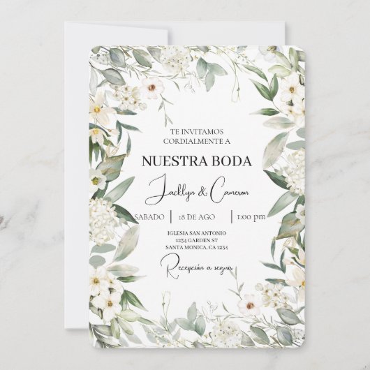 Witte bloemenspaanse bruiloft uitnodiging (Voorkant)