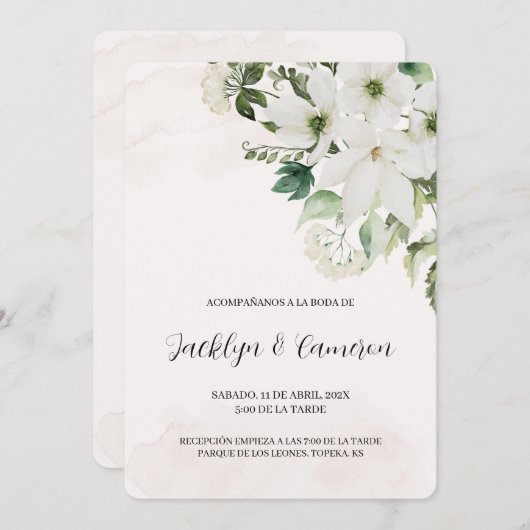Witte bloemenspaanse bruiloft uitnodiging (Voorkant / Achterkant)
