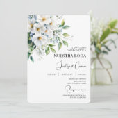 Witte bloemenspaanse bruiloft uitnodiging (Staand voorkant)