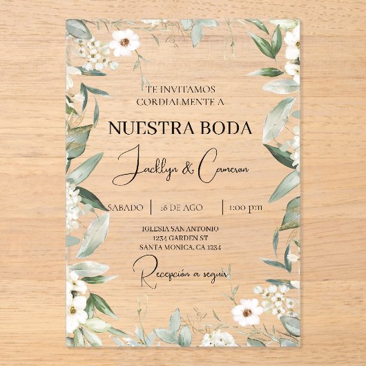 Witte bloemenspaanse bruiloft uitnodiging (Voorkant)