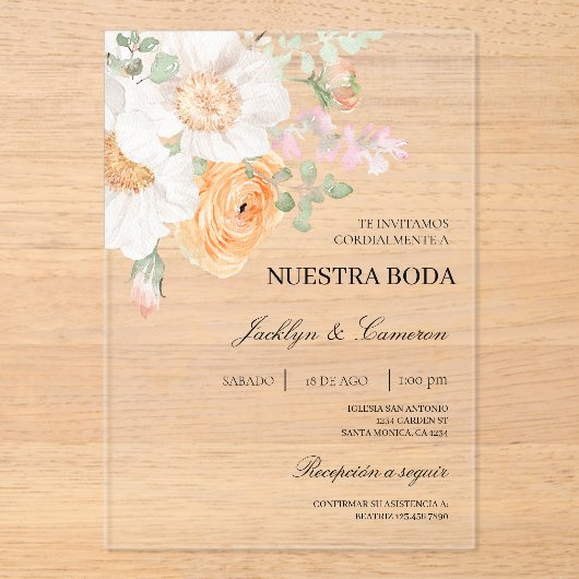Witte bloemenspaanse bruiloft uitnodiging (Voorkant)
