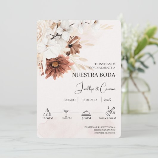 Witte bloemenspaanse bruiloft uitnodiging (Staand voorkant)