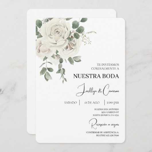 Witte bloemenspaanse bruiloft uitnodiging (Voorkant / Achterkant)