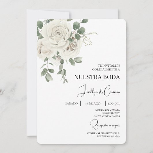 Witte bloemenspaanse bruiloft uitnodiging (Voorkant)