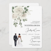 Witte bloemenspaanse bruiloft uitnodiging (Voorkant / Achterkant)