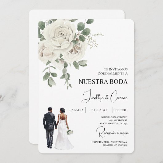 Witte bloemenspaanse bruiloft uitnodiging (Voorkant / Achterkant)