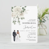 Witte bloemenspaanse bruiloft uitnodiging (Staand voorkant)