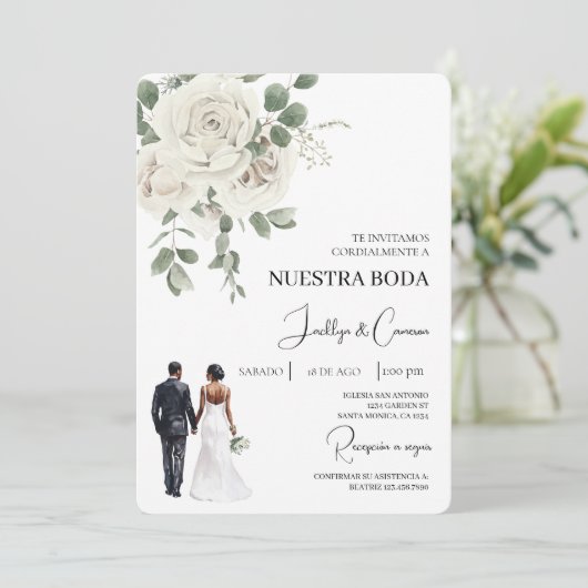 Witte bloemenspaanse bruiloft uitnodiging (Staand voorkant)