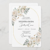 Witte bloemenspaanse bruiloft uitnodiging (Voorkant / Achterkant)