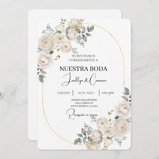 Witte bloemenspaanse bruiloft uitnodiging (Voorkant / Achterkant)