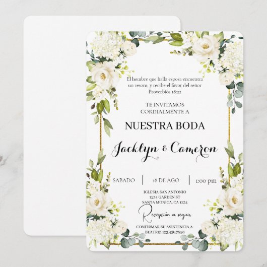 Witte bloemenspaanse bruiloft uitnodiging (Voorkant / Achterkant)