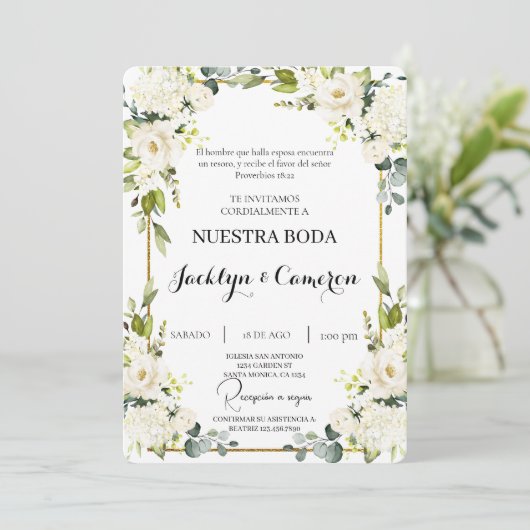 Witte bloemenspaanse bruiloft uitnodiging (Staand voorkant)