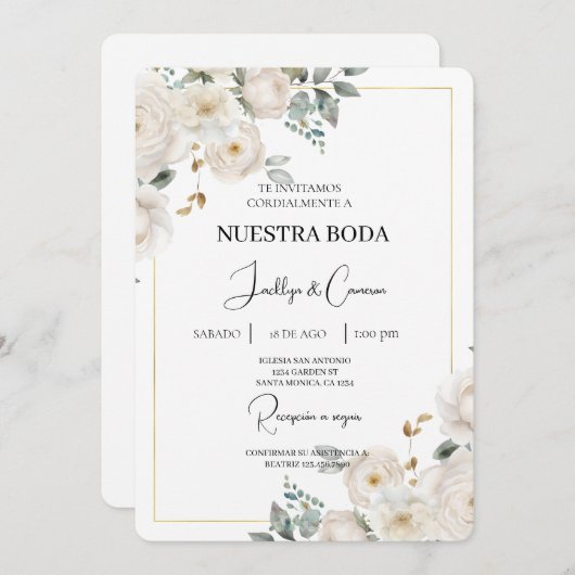 Witte bloemenspaanse bruiloft uitnodiging (Voorkant / Achterkant)