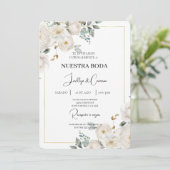 Witte bloemenspaanse bruiloft uitnodiging (Staand voorkant)