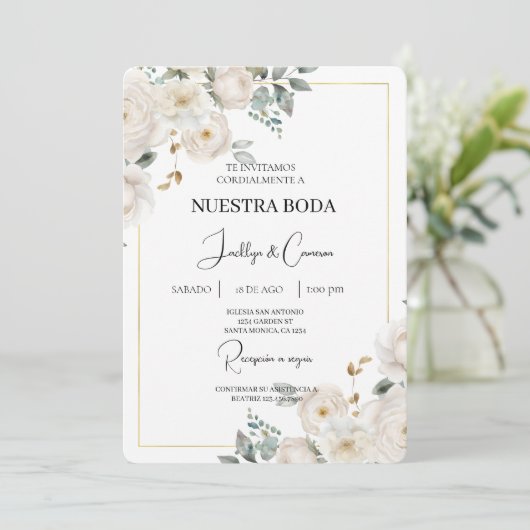 Witte bloemenspaanse bruiloft uitnodiging (Staand voorkant)