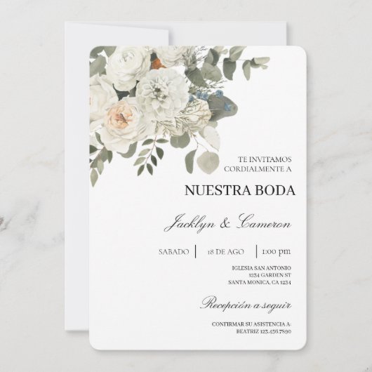 Witte bloemenspaanse bruiloft uitnodiging (Voorkant)