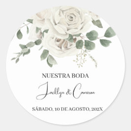 Witte bloemenspaanse bruiloft uitnodiging ronde sticker