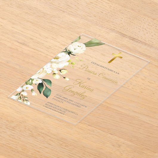 Witte bloemenspaanse eerste communie uitnodigen acryl uitnodigingen (Laagn)