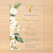 Witte bloemenspaanse eerste communie uitnodigen acryl uitnodigingen (Voorkant)