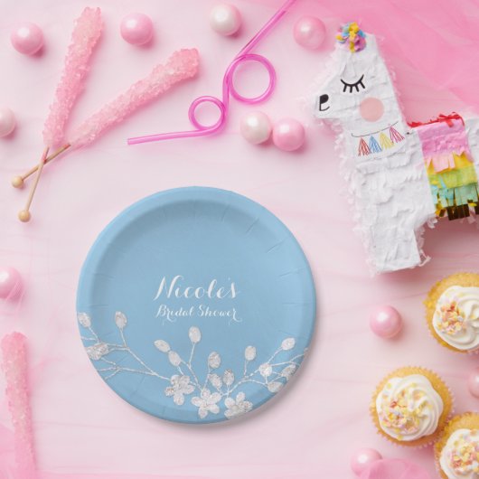 Witte Bloementak Blauw Vrijgezellenfeest Chique Cu Papieren Bordje (Feest)