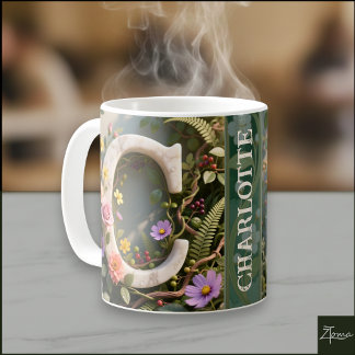 Witte bloementuin monogram letter C Koffiemok