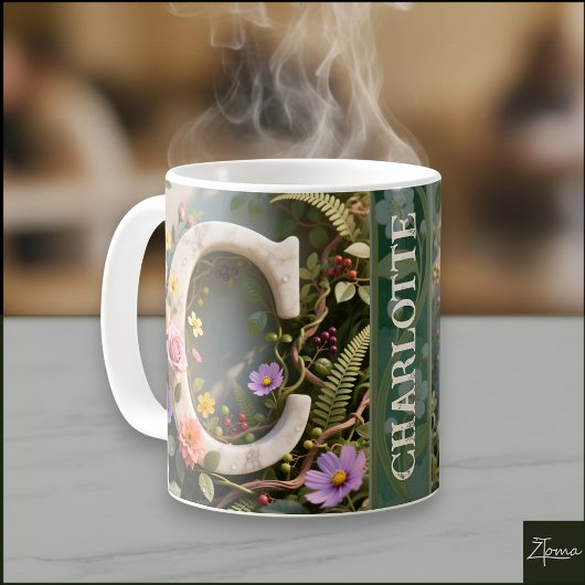 Witte bloementuin monogram letter C Koffiemok