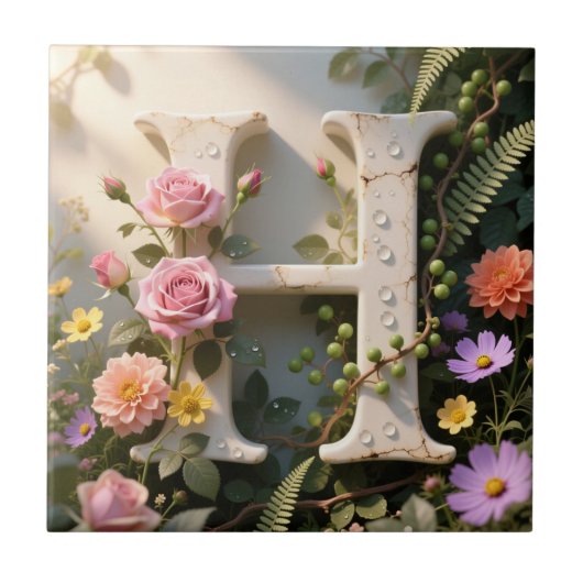 Witte bloementuin monogram letter H Tegeltje (Voorkant)