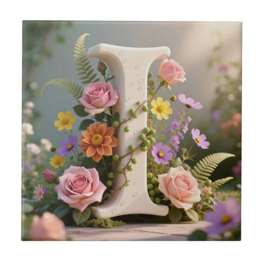 Witte bloementuin monogram letter I Tegeltje (Voorkant)