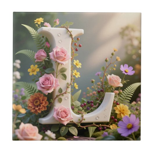Witte bloementuin monogram letter L Tegeltje (Voorkant)