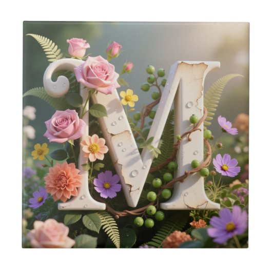 Witte bloementuin monogram letter M Tegeltje (Voorkant)