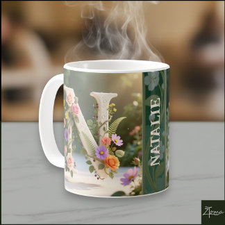 Witte bloementuin monogram letter N Koffiemok