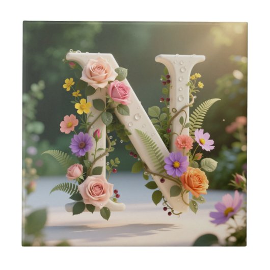 Witte bloementuin monogram letter N Tegeltje (Voorkant)